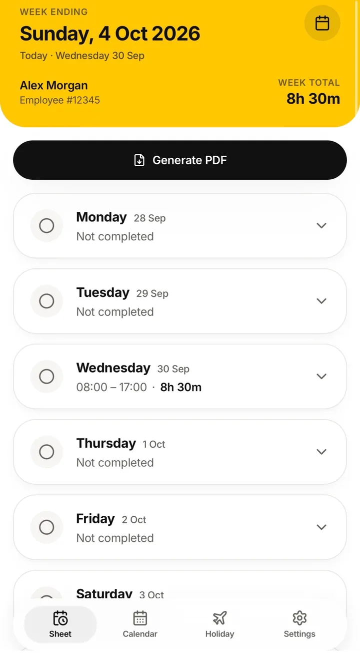 ShiftSheet Time Sheet
