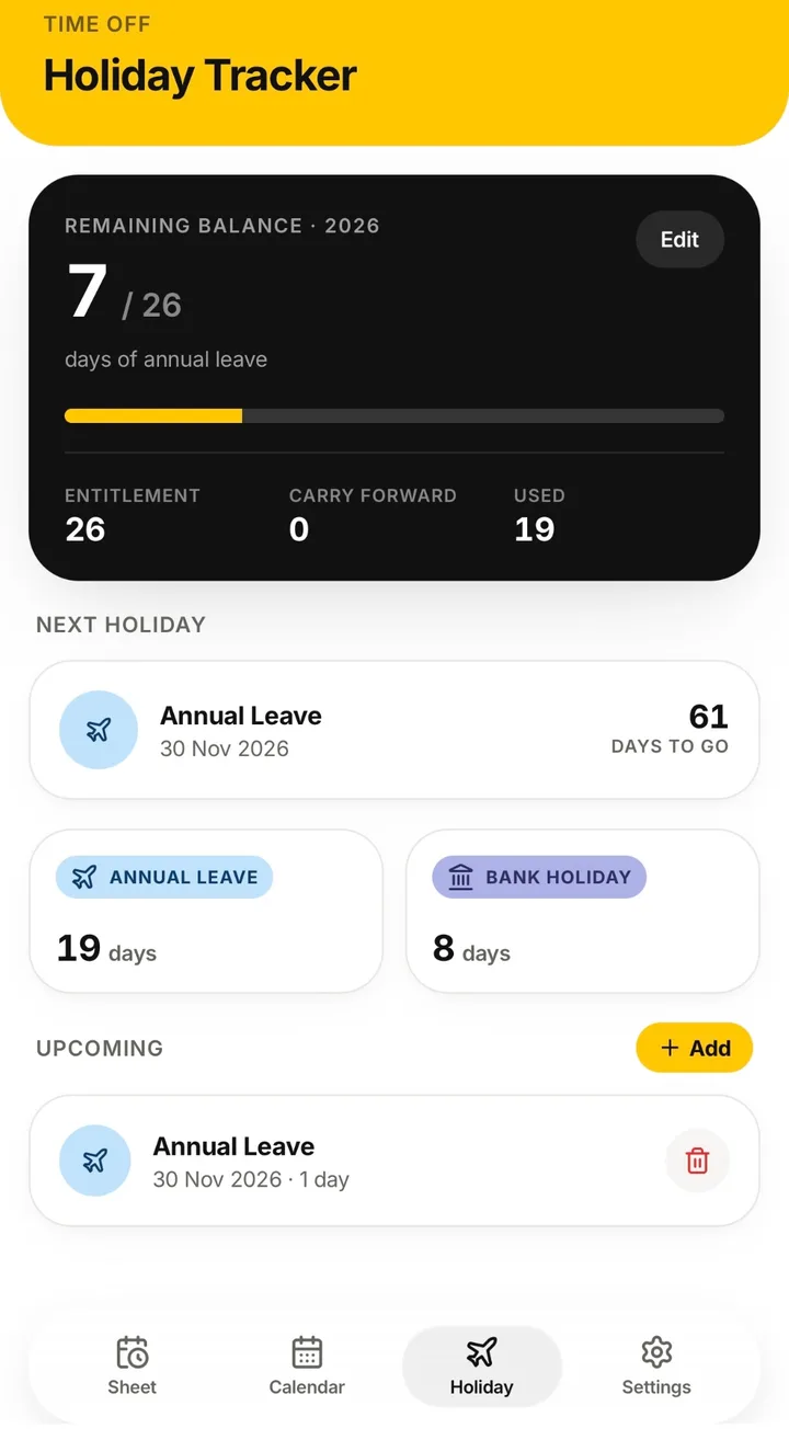ShiftSheet Holiday Tracker