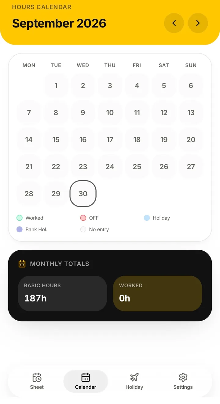 ShiftSheet Hours Calendar